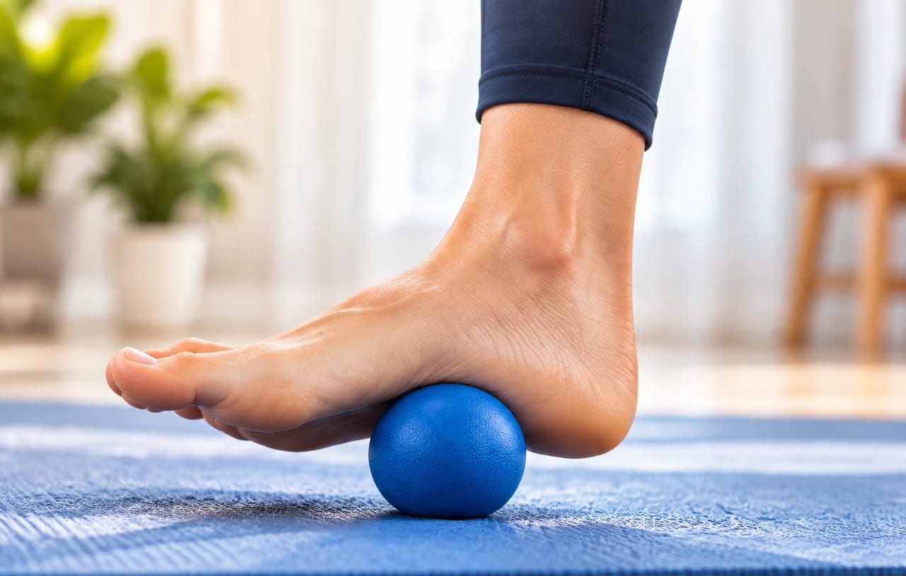 A bare foot rolling a small blue ball on an exercise mat