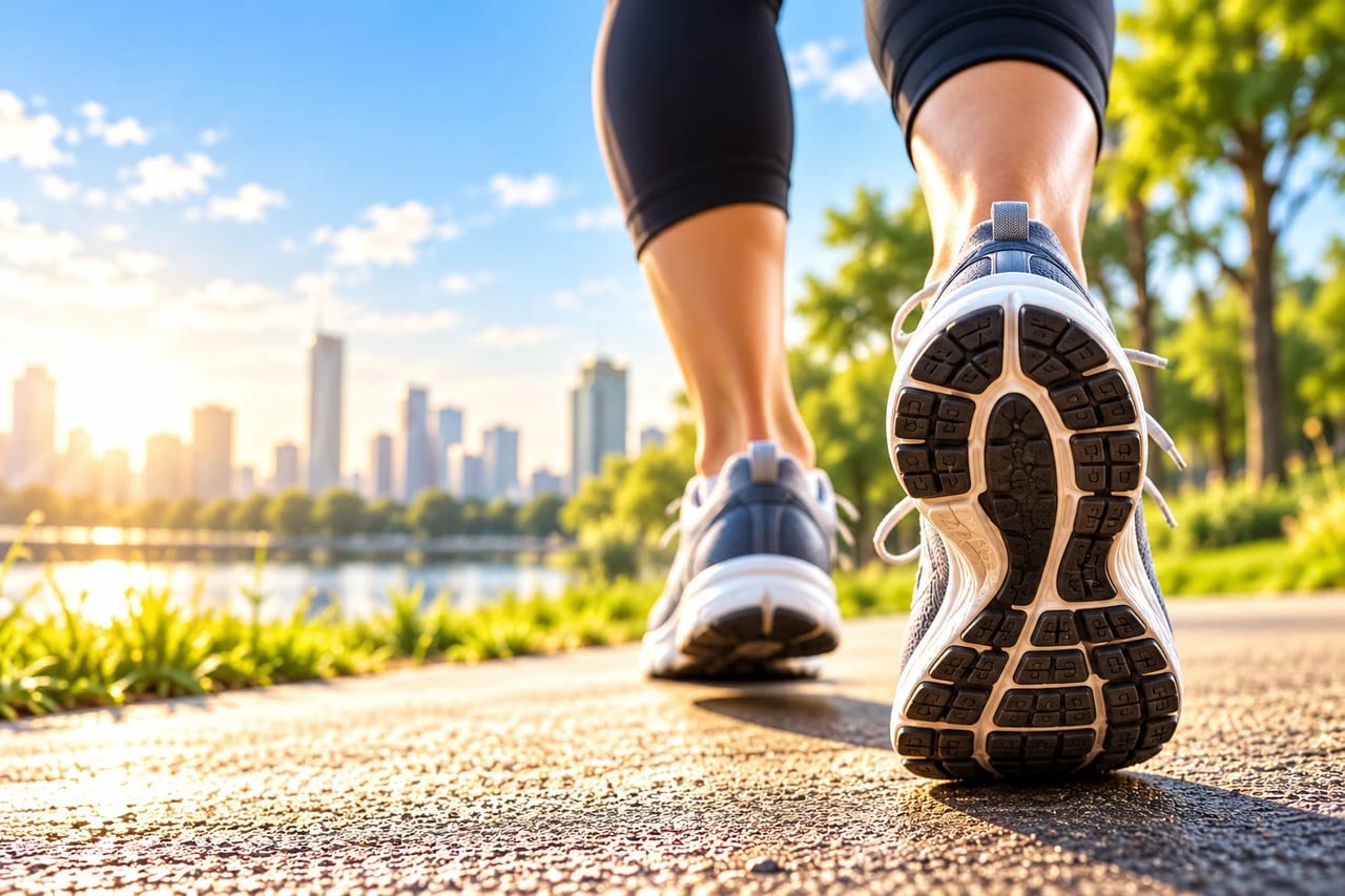Running shoes on a sunlit park path, with a city skyline behind