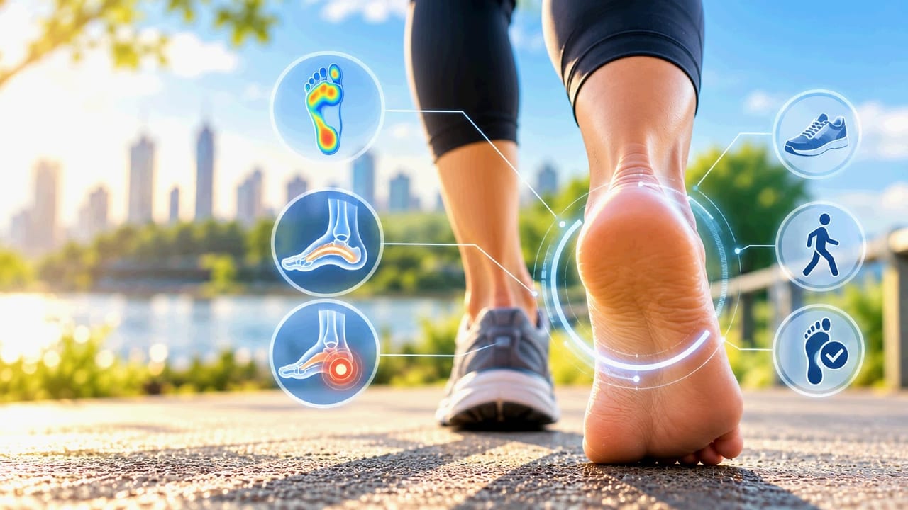 Feet on a sunlit riverside path, one bare and one in a running shoe, with round icons for foot pressure, the arch, the heel, shoes, walking and everyday foot care