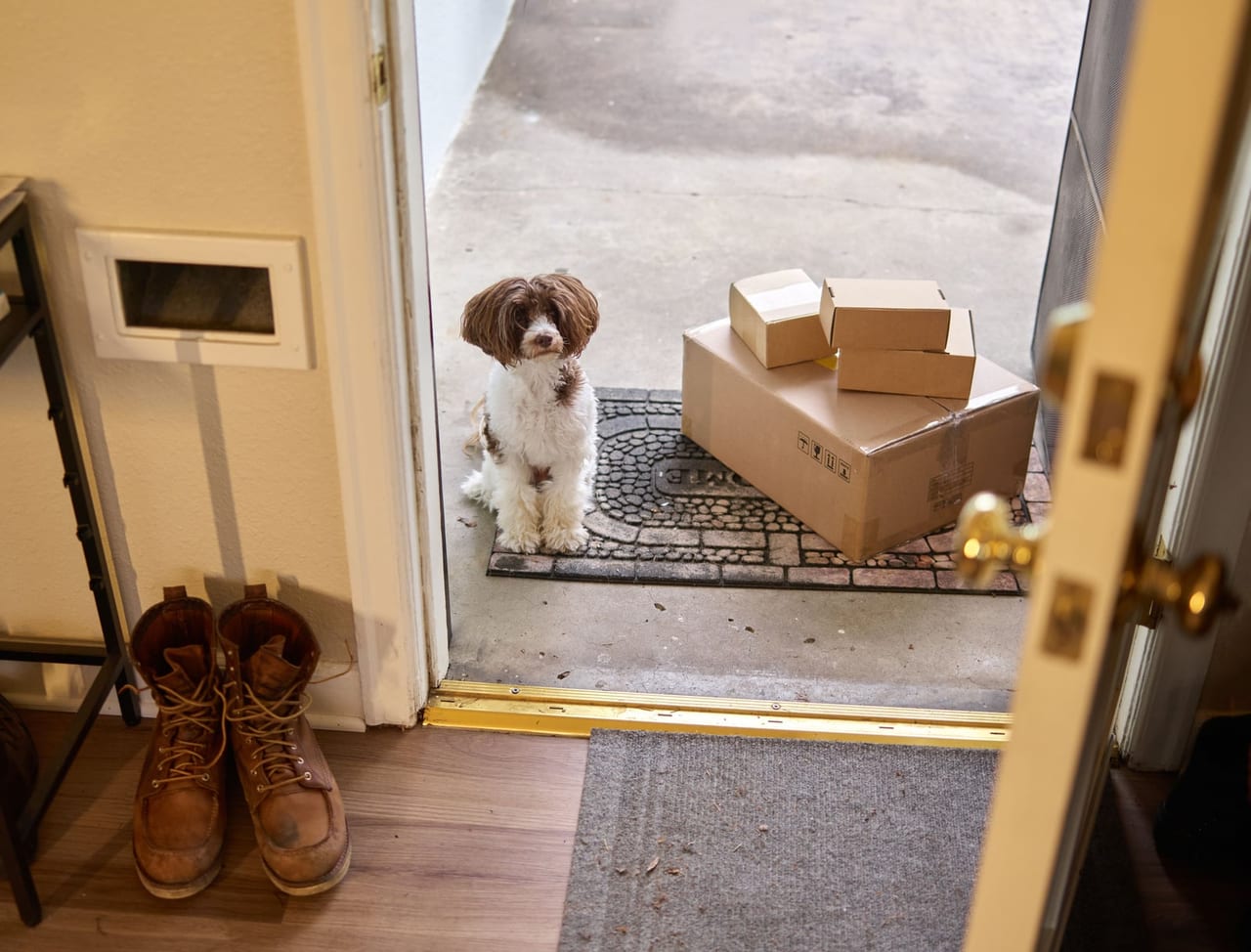 Leather boots on a wooden floor inside an open front door, with a dog outside