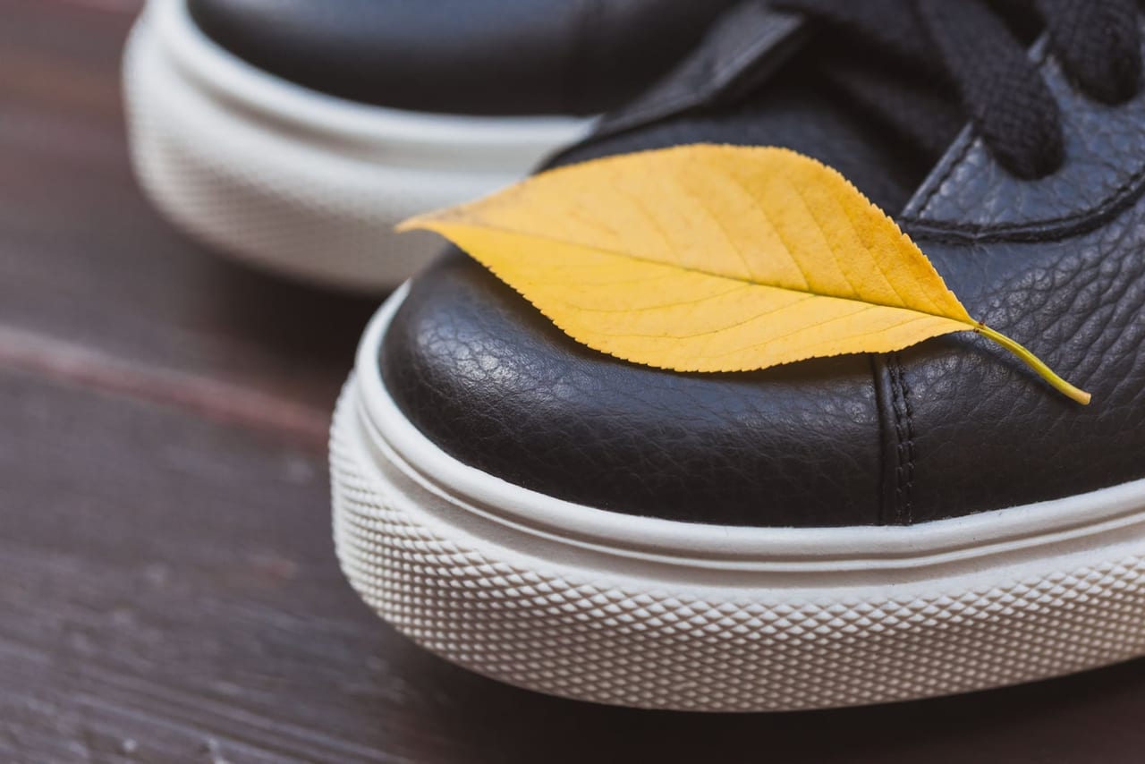 Yellow leaf resting on the toe of a black leather sneaker on dark wood