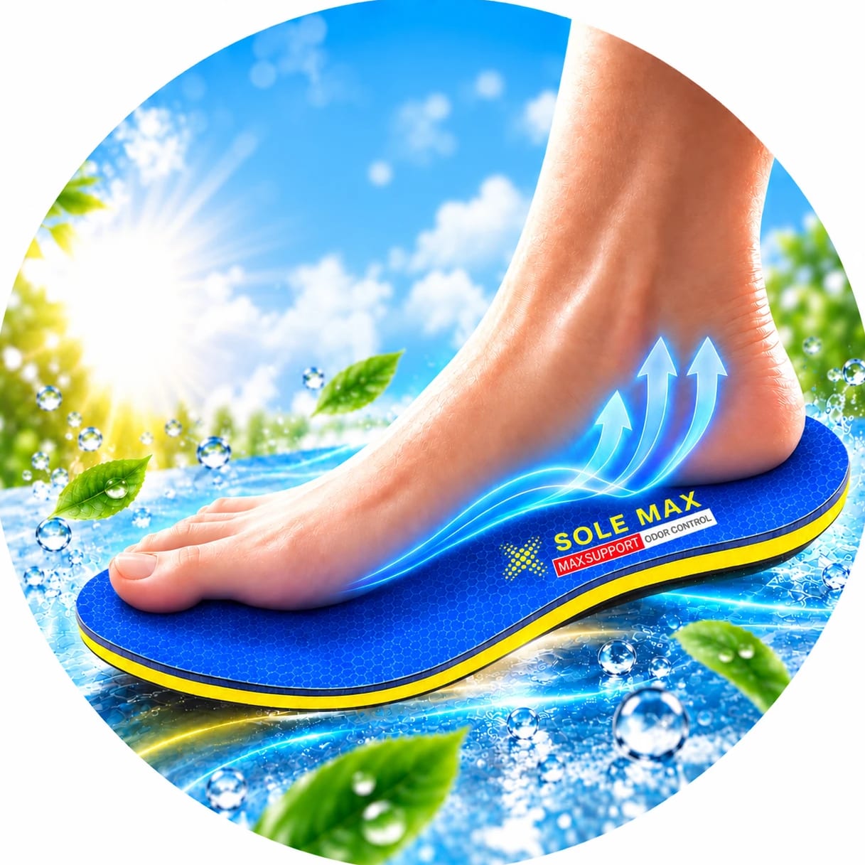 A foot on a SOLEMAX insole, with water splashes and green leaves