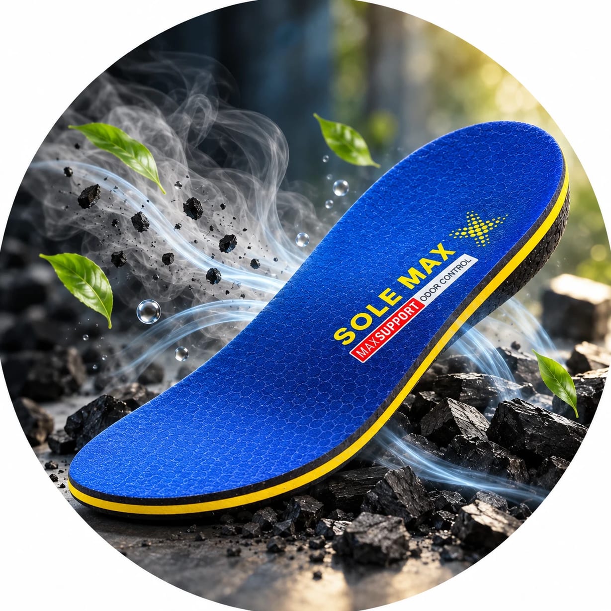 SOLEMAX insole over pieces of charcoal, with wisps of smoke and green leaves
