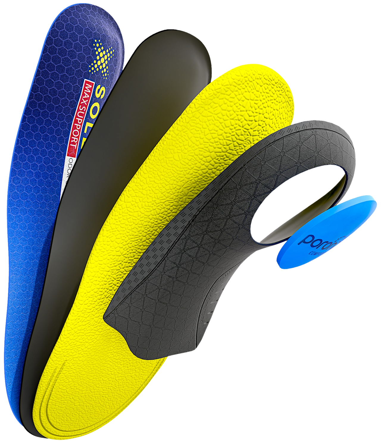 A SOLEMAX insole taken apart into its layers: the blue top layer, the charcoal layer, the yellow cushioning, the black arch shell and the blue Poron® heel pad