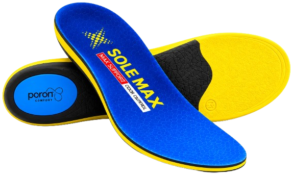 A pair of SOLEMAX insoles: the blue top over the underside with its Poron® heel pad