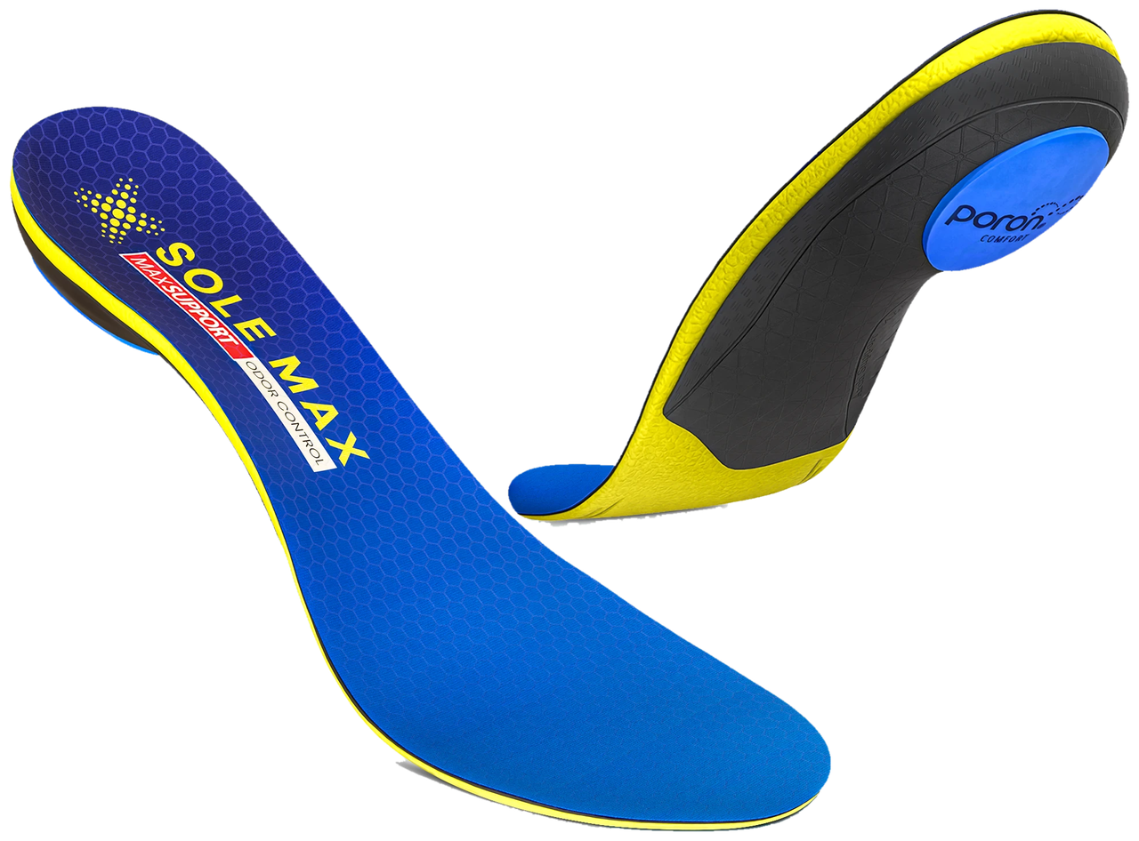 SOLEMAX insoles: the breathable top surface and the underside with high-rebound cushioning, the support shell and the Poron® heel pad.