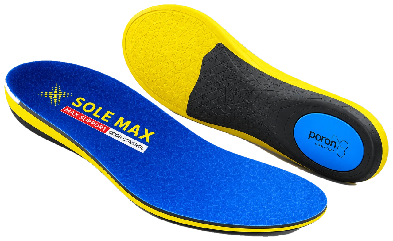 SOLEMAX insole pair: the blue top surface with the SOLE MAX, MAX SUPPORT and ODOR CONTROL print, and the underside with the support shell and Poron® heel pad
