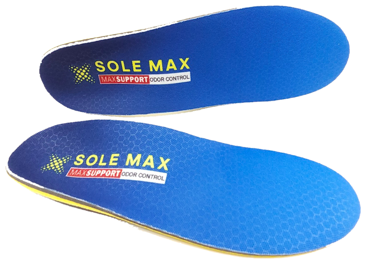SOLEMAX insole pair, top view: the blue breathable top surface with the SOLE MAX and MAX SUPPORT ODOR CONTROL print, with the yellow cushioning rim visible at the edge.